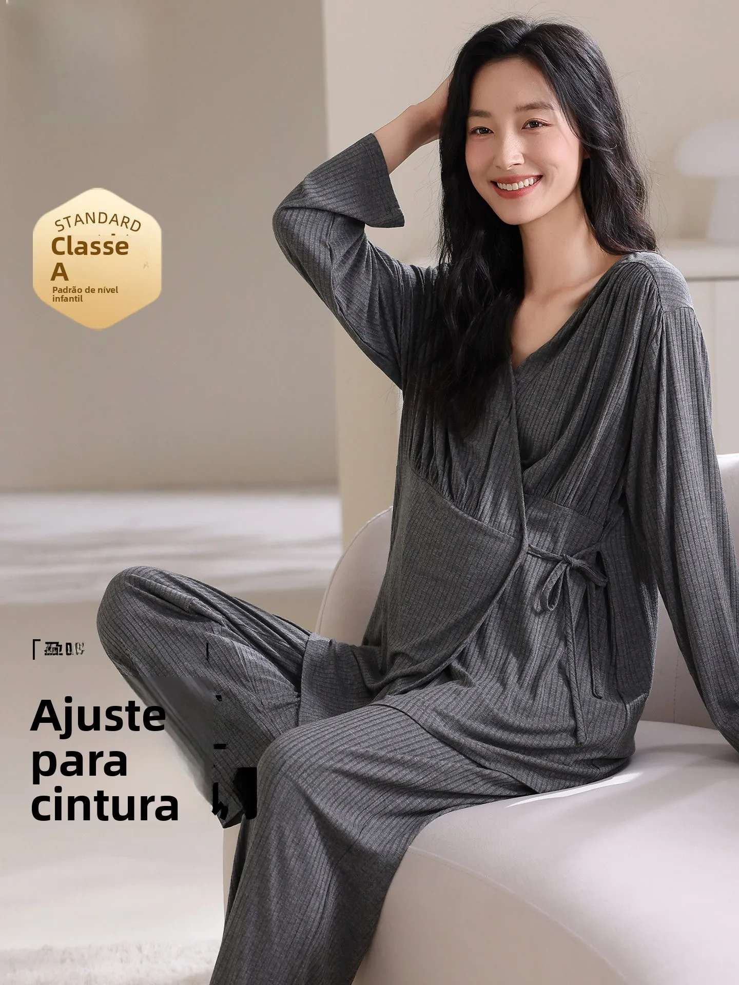 long-sleeve-nursing-kimono-style-sleepwear-set-with-chest-pad-women's-postpartum-home-clothes-set-comfortable-v-neck-design