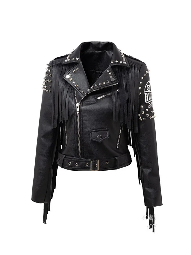 PU Leather Rivet Tassel Jacket Women Streetwear Slim Short Zipper Punk Grunge Leather Jackets Locomotive Coats Female Clothing