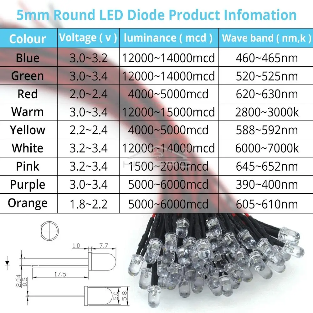 1/5/10X 5mm Okrągłe światło 20cm Wstępnie okablowane diody LED Żarówka Kabel DC 12V Biały Do dekoracji DIY Wstępnie lutowany koralik lampy