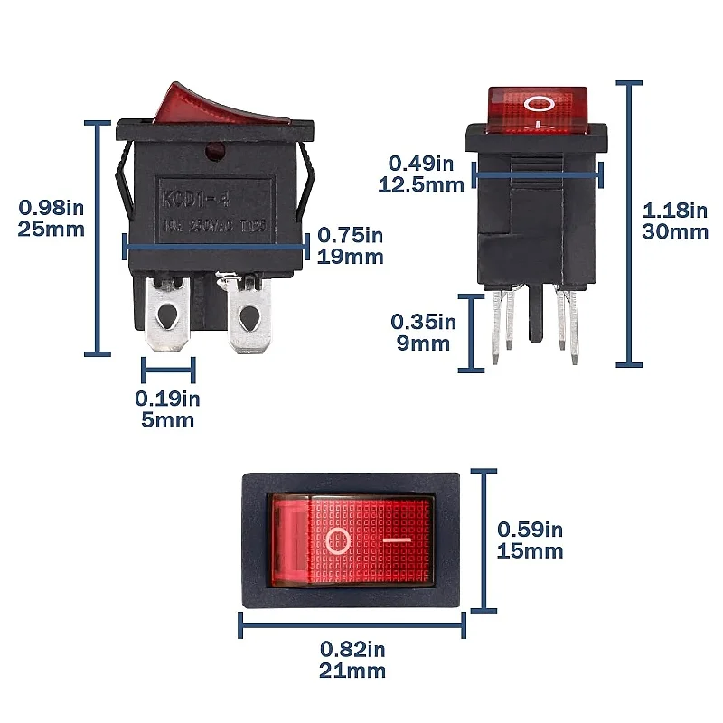 

Toggle Switch 4Pin Switch Rocker Switch On/Off 10A 250VAC Built-in Switch 4 Terminals Red Luminous Boat Rectangle (Pack of 10)