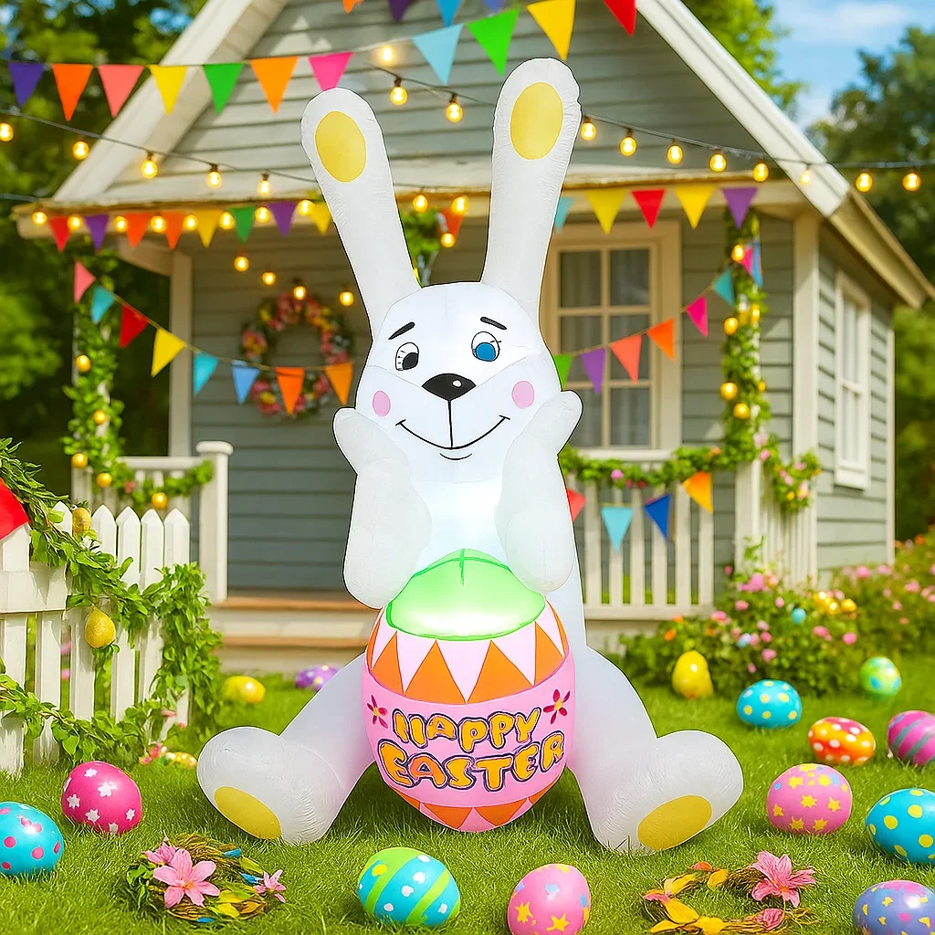 5FT Easter Festive Inflatable Blinking Rabbit Hold Egg Decor LED Lights Airblown Yard Easter Decor Ornament Easter Inflatable