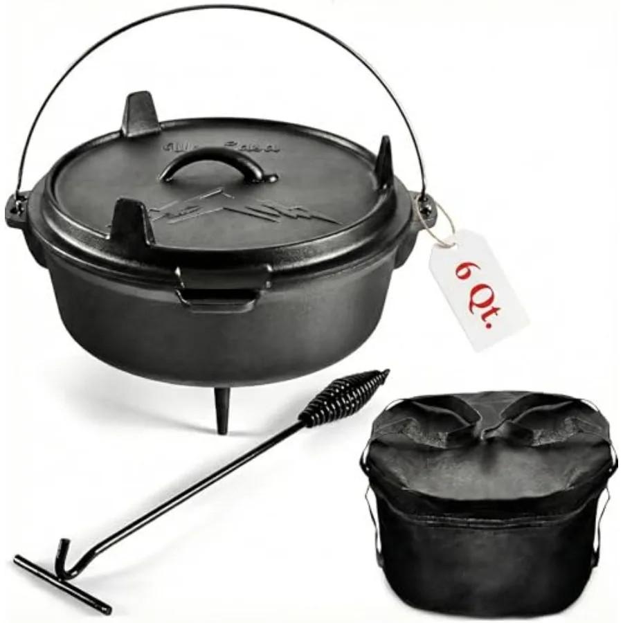 

6Qt Cast Iron Camping Dutch Oven with Lid Lifter and Storage Bag - Pre-Seasoned Outdoor Dutch Oven for Campfire Cooking Stews a
