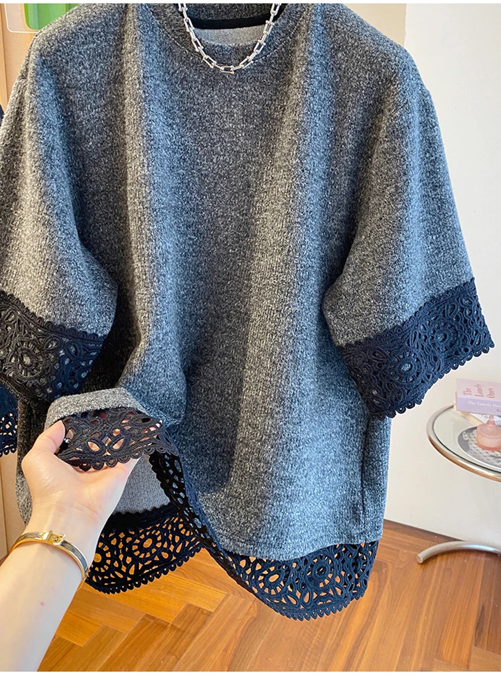 Lace Trim On Cuffs Short Sleeve T-shirt Women's 2026 Spring Summer New Plus Size Loose Underwear Tops Female Casual Blouse