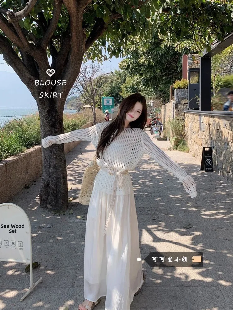 

Ladies' Summer 2025 Lazy Style Sun Protection Hollow out Knitted Top And High Waist Skirt Two Piece Set Long Sleeve