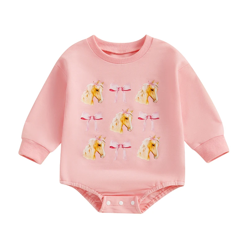 

Baby Girl Sweatshirt Romper Long Sleeve Crew Neck Bow Animal Print Bodysuit Fall Outfit