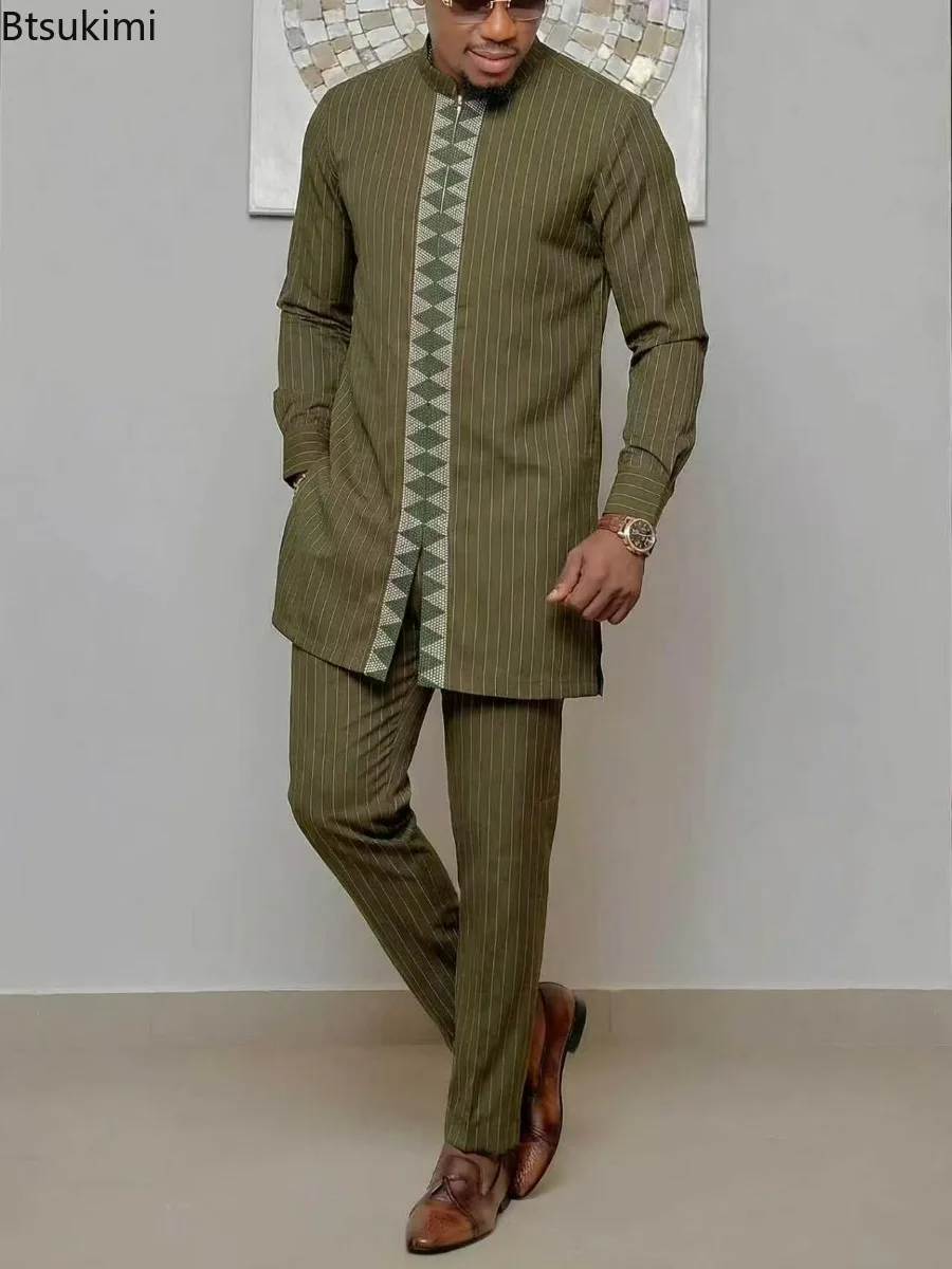 Men's Kaftan Two-Piece Set Wedding Kaunda Suits African Ethnic Traditional Casual Outfits Muslim Clothing Male Top and Pants New