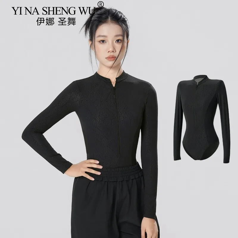 Justaucorps de pratique de Ballet pour femmes, col montant pour adultes, fermeture éclair, manches longues, dos en maille, justaucorps de danse de Ballet, body de danse de gymnastique