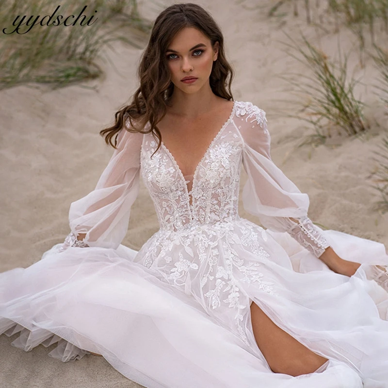 

Modern Sexy V-Neck Tulle A-line Appliques Puff Sleeves Wedding Dresses For Women 2024 Sweep Train Bride Gowns vestidos de novia