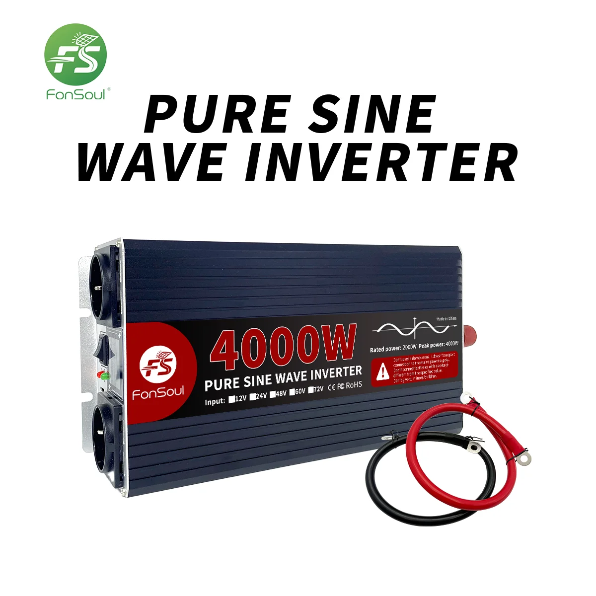 Fonsoul 4000W Pure Sine Wave Inverter 12V DC to 220V AC, Dual EU Outlets, Portable for Car, Home Emergency & Outdoor Camping