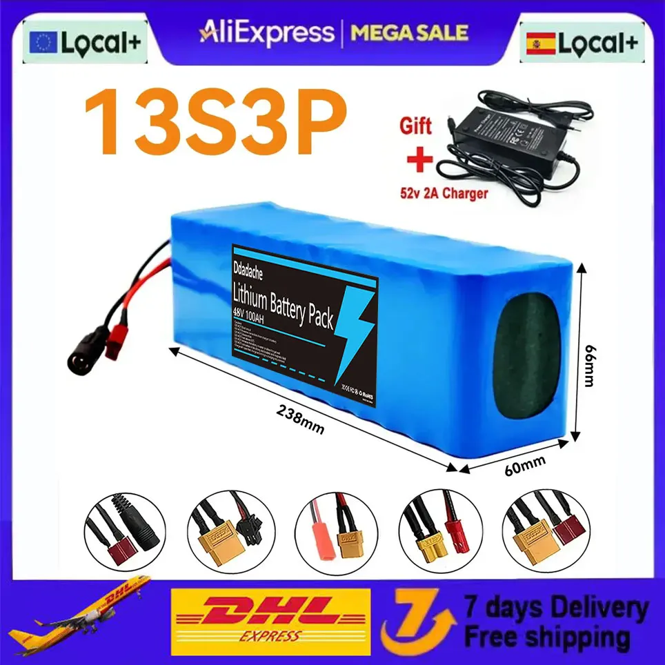 Batterie lithium-ion originale 13S3P 48V 100000mAh 100Ah avec BMS 1000W 54.6V 100ah 18650