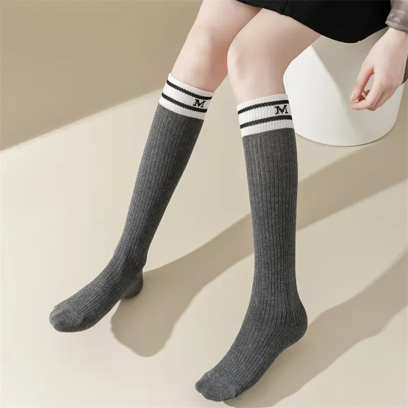 Letter Embroidery Stockings Women Girls Solid Color Long Socks Women Stockings College Style Knitting Cotton Knee Socks Stocking