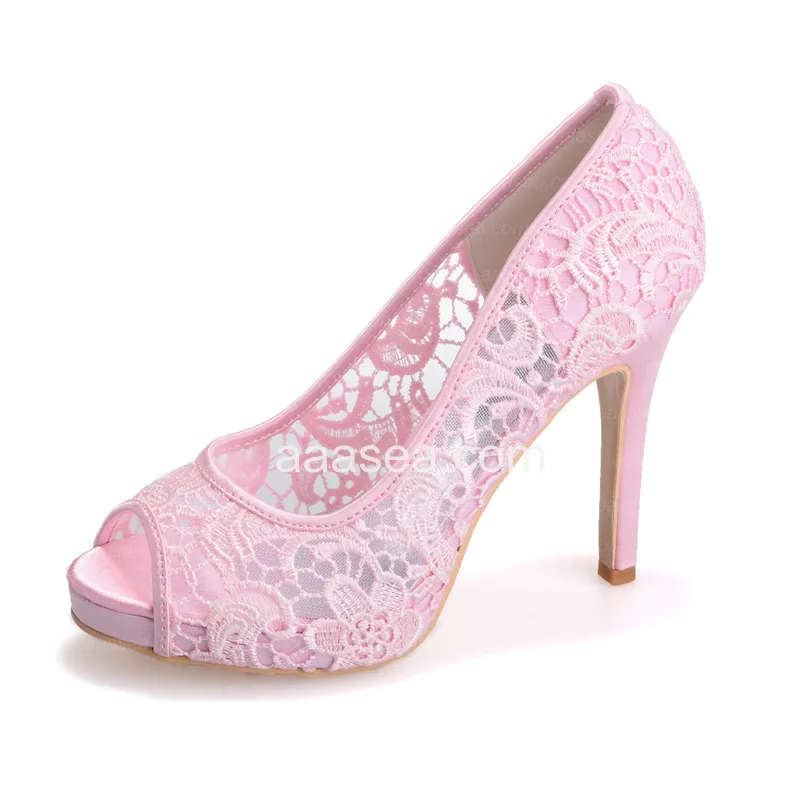 White Lace Wedding Party Shoes Bride Dress Pumps Peep Toe Stiletto High Heels Mesh Slip-on Low Waterproof Platform Large Size