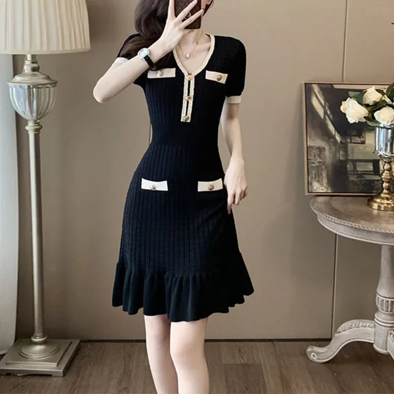 

Summer V-neck Elegant Fashion Slim A-line Knitting Dress Female Ruffles Temperament Robe Women Short Sleeve Waist Casual Vestido