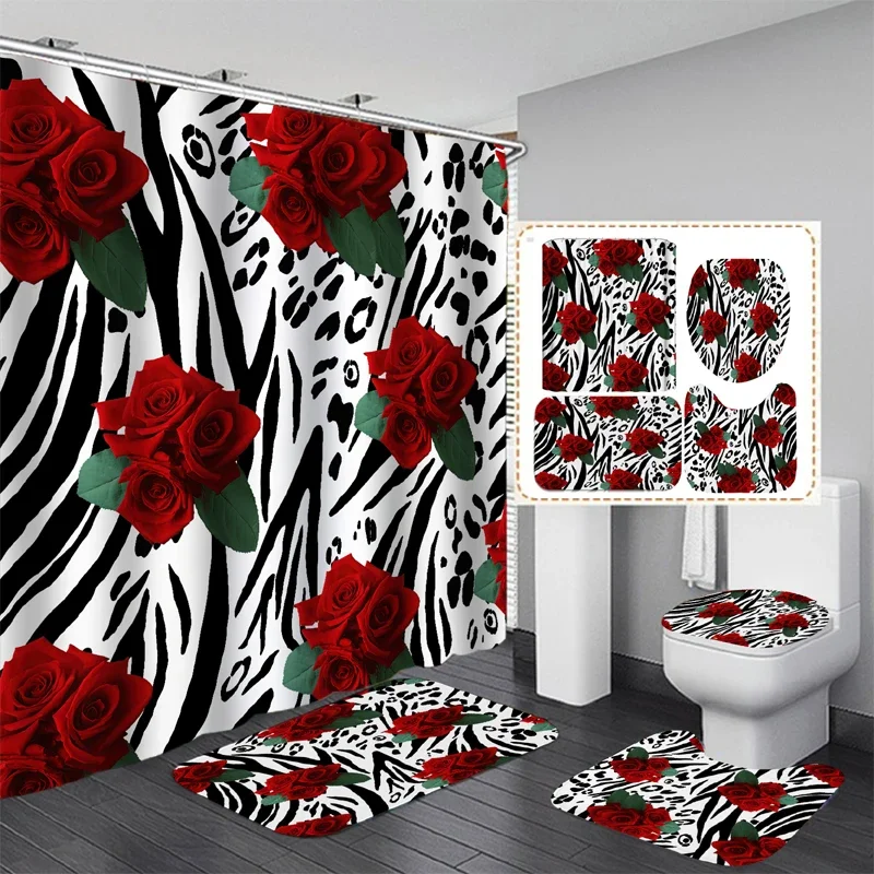 

Red Rose Stripe Flowers Bathroom Shower Curtain Set Waterproof Polyester Washable Non-Slip Bath Mat Rugs Carpet Toilet Lid Cover