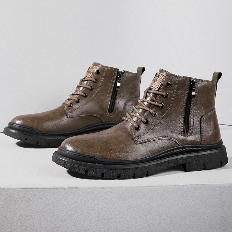 أحذية كاجوال شتوية للرجال، أحذية جلدية بنية، متعددة الوظائف مضادة للانزلاق، مقاومة للاهتراء، دافئة في الهواء الطلق، أحذية تشيلسي الرجعية #4