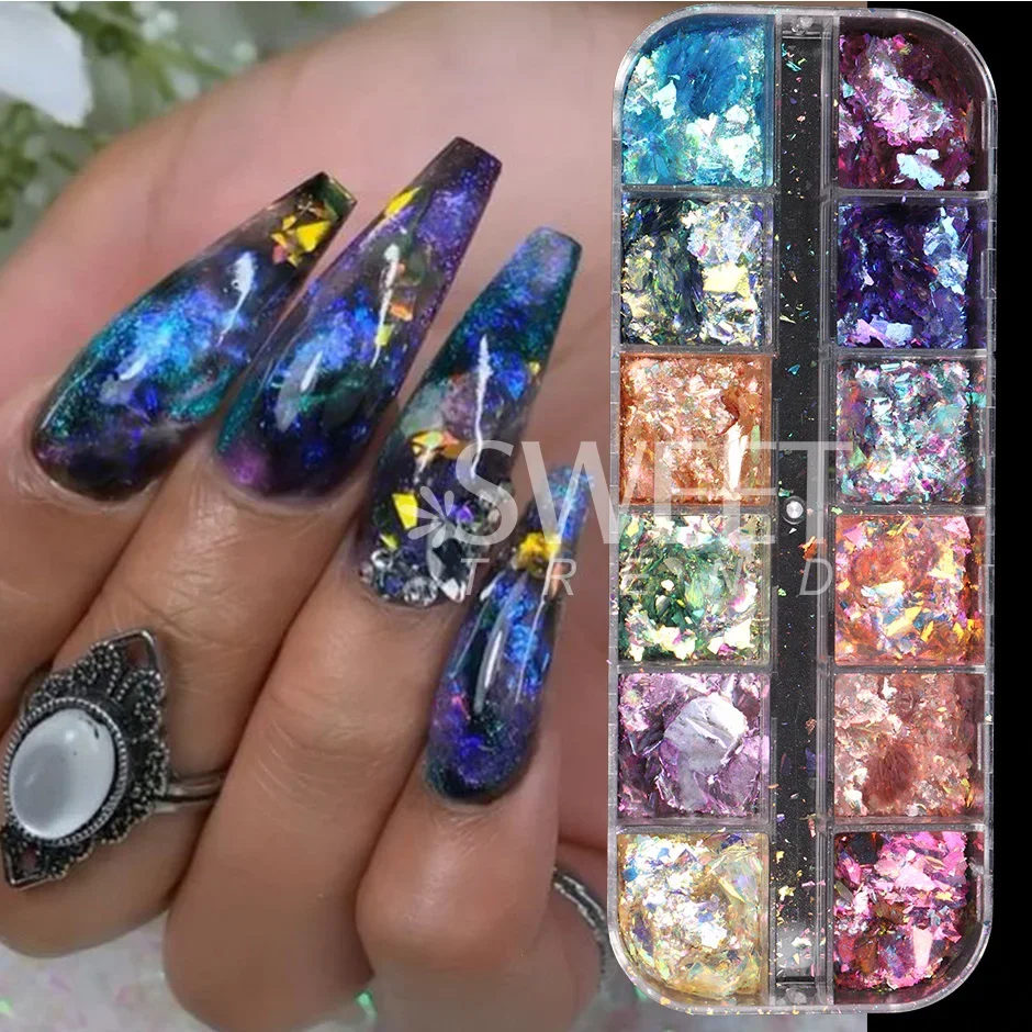 12 Grids Opal Dream Crystal Sequins Nail Flake Galaxy Iridescent Aurora 3D Paillette for Winter Autumn Manicure Decoration SWYFH