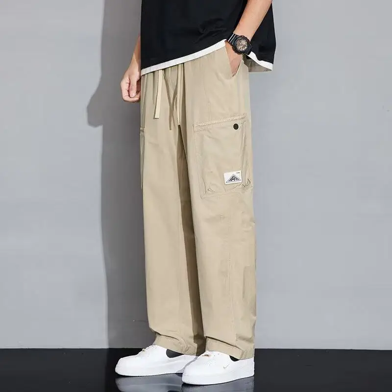 

Spring Autumn Drawstring Solid Color Men's Clothing Pockets Elastic High Waisted Casual Loose Straight England Style Cargo Pants