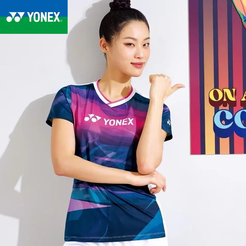 Yonex-قميص تنس الريشة بأكمام قصيرة قابل للتنفس للرجال والنساء ، سطح تظليل هندسي ، سريع الجفاف ، جديد ، صيني