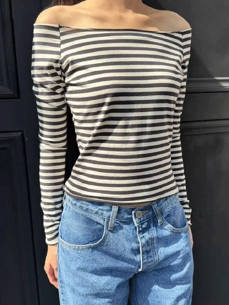 Black And White Striped T-shirts Women Off The Shoulder Slim Curled Long Sleeve T-shirt Spring Autumn Bottoming Tops Y2K Fashion