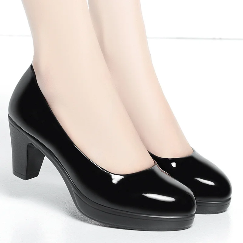 Professional Shallow Mouth Single Shoes For women Round Toe Thick Sole Non-slip Black Thick High Heel Work Shoes