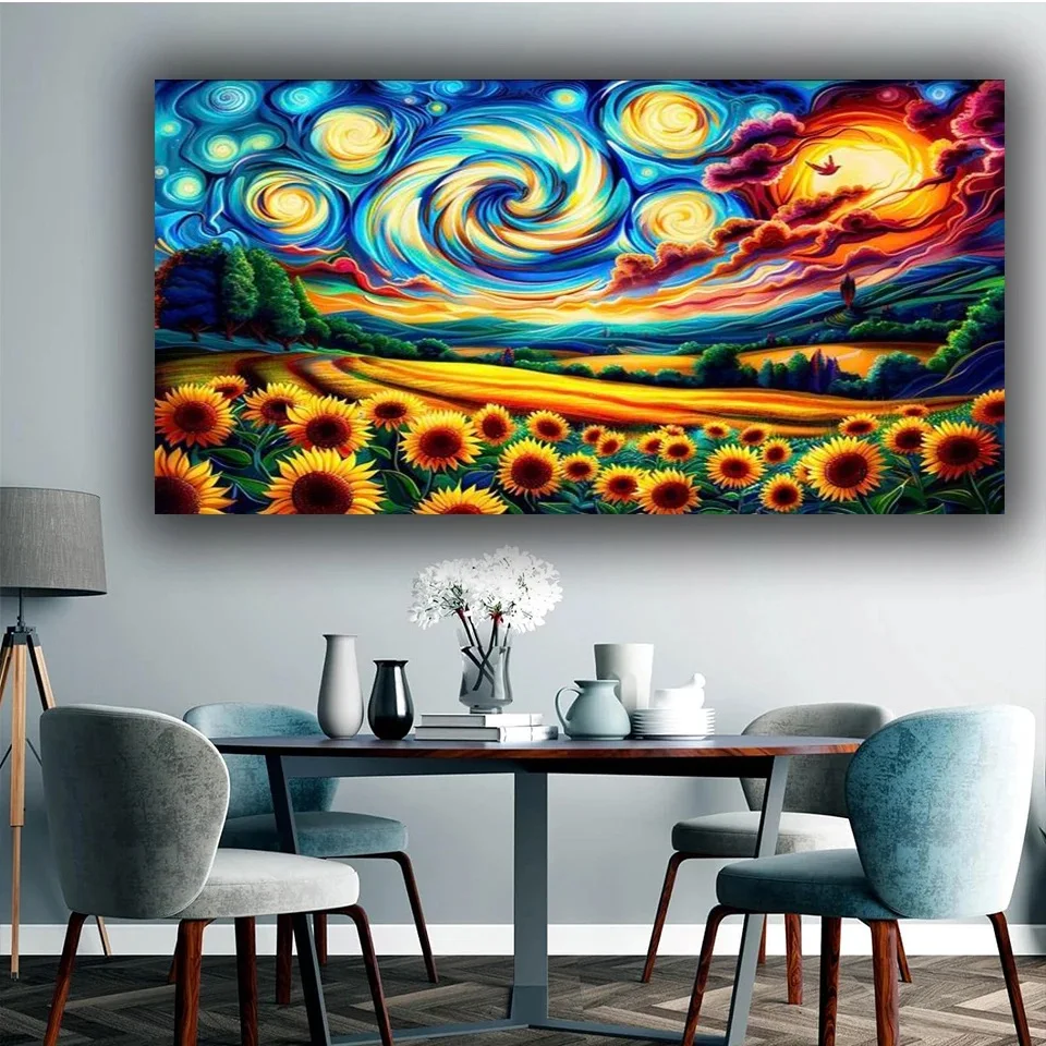 Sunflowes Starry Sky View Large DIY Diamond Painting Full Square Round Diamond Mosaic New 2025 Cross Stitch Diamond Embroidery