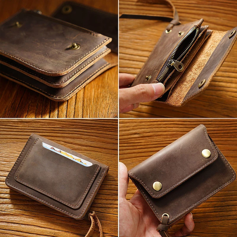 100% Genuine Leather Wallet Vintage Handmade Short Wallet Unisex Card Holder with Zipper Coin Pocket Small Purse Bag for Men