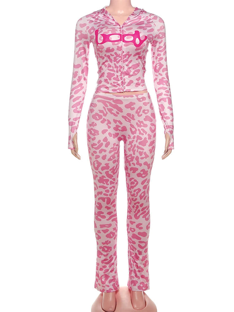 غريب سنور ليوبارد طباعة 2 قطعة مجموعة المرأة رياضية رسالة البريدي مقنعين المحاصيل سترة طماق مطابقة ملابس رياضية غير رسمية الشارع