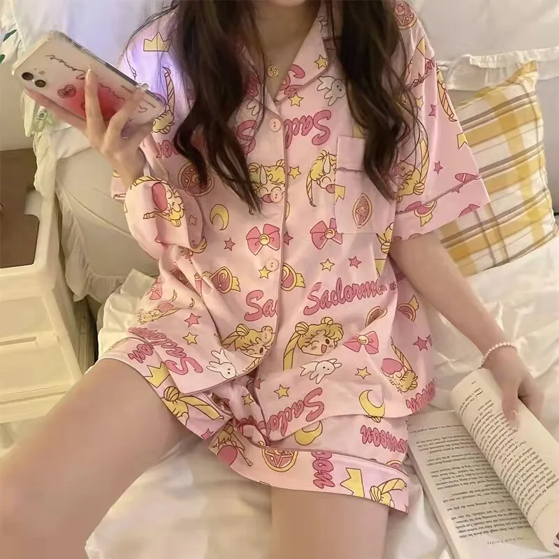 2Pcs Kawaii Sailor Moon Woman's Pajamas Set Fashion Cartoon Casual Pajamas Anime Night Wear Cartoon Girl Student Cute Sleep Wear