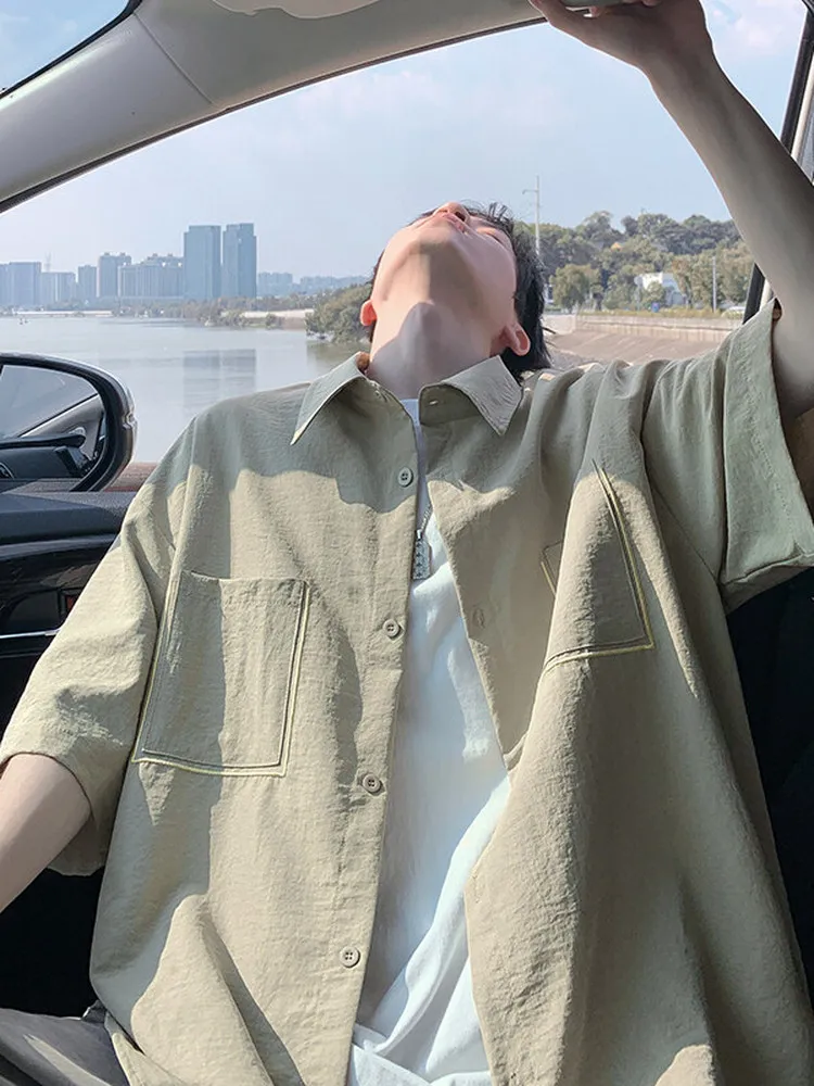 

Khaki ort Sve Men's Casual irt Summer Thin Loose Breathable American Retro Sle Versatile Lightweight Summer irt