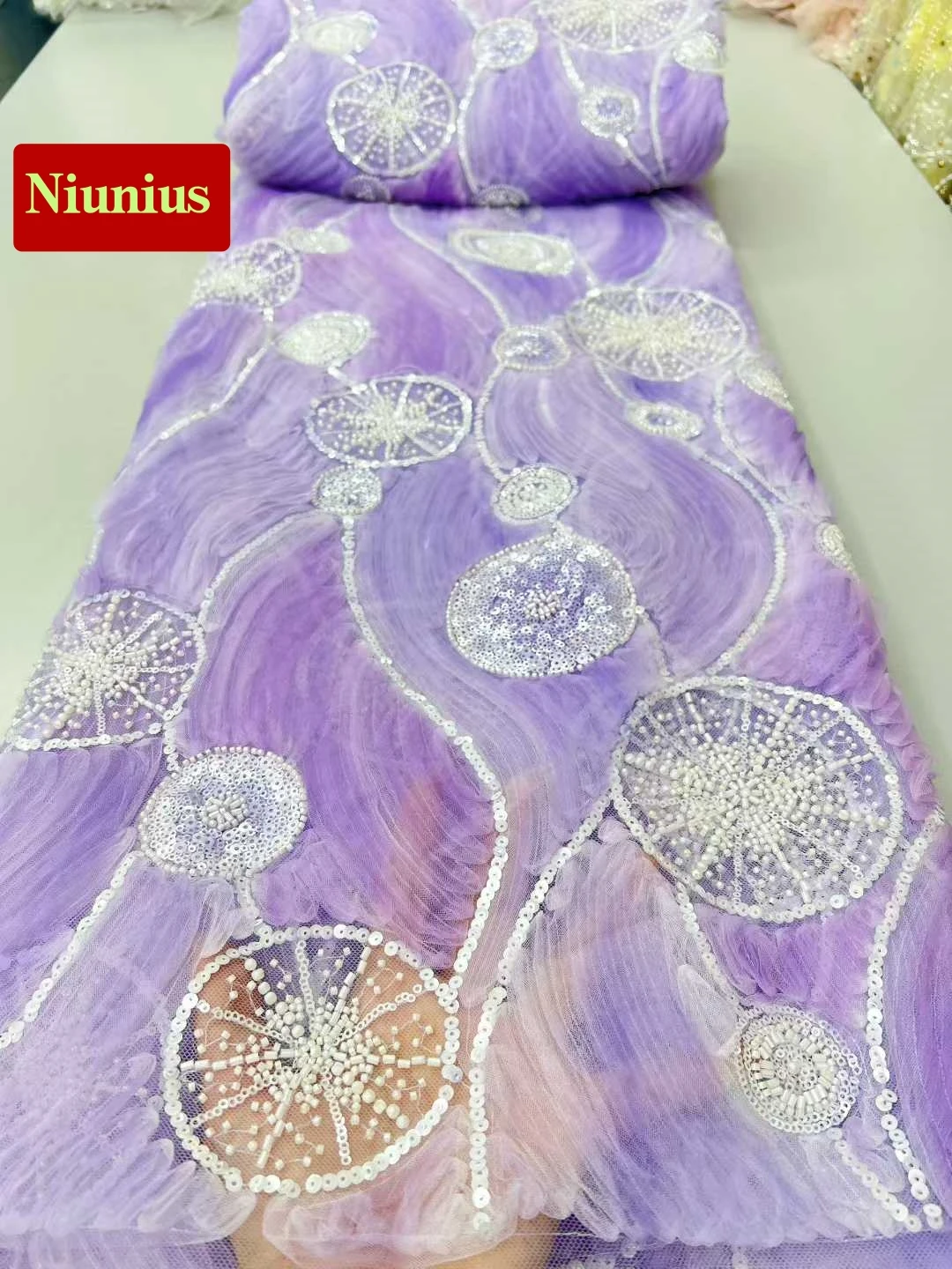 

2026Роскошная нежная мягкая кружевная ткань с бисером и камнями - элегантное высококачественное шифоновое кружево для свадебного и вечернего платьяNN3298_R