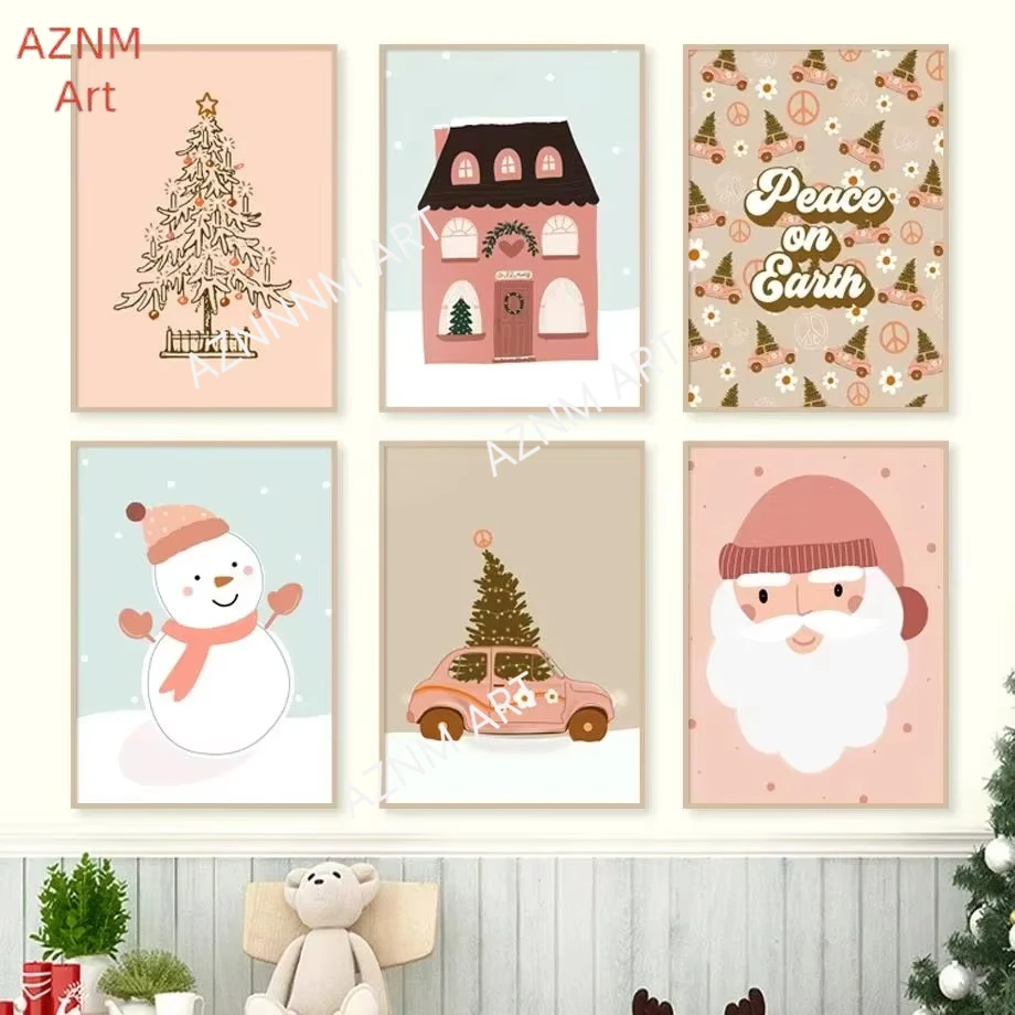 Póster artístico de Papá Noel rosa de dibujos animados, galleta de muñeco de nieve, pintura decorativa para árbol de Navidad, decoración de ambiente festivo para el hogar, 1 ud.