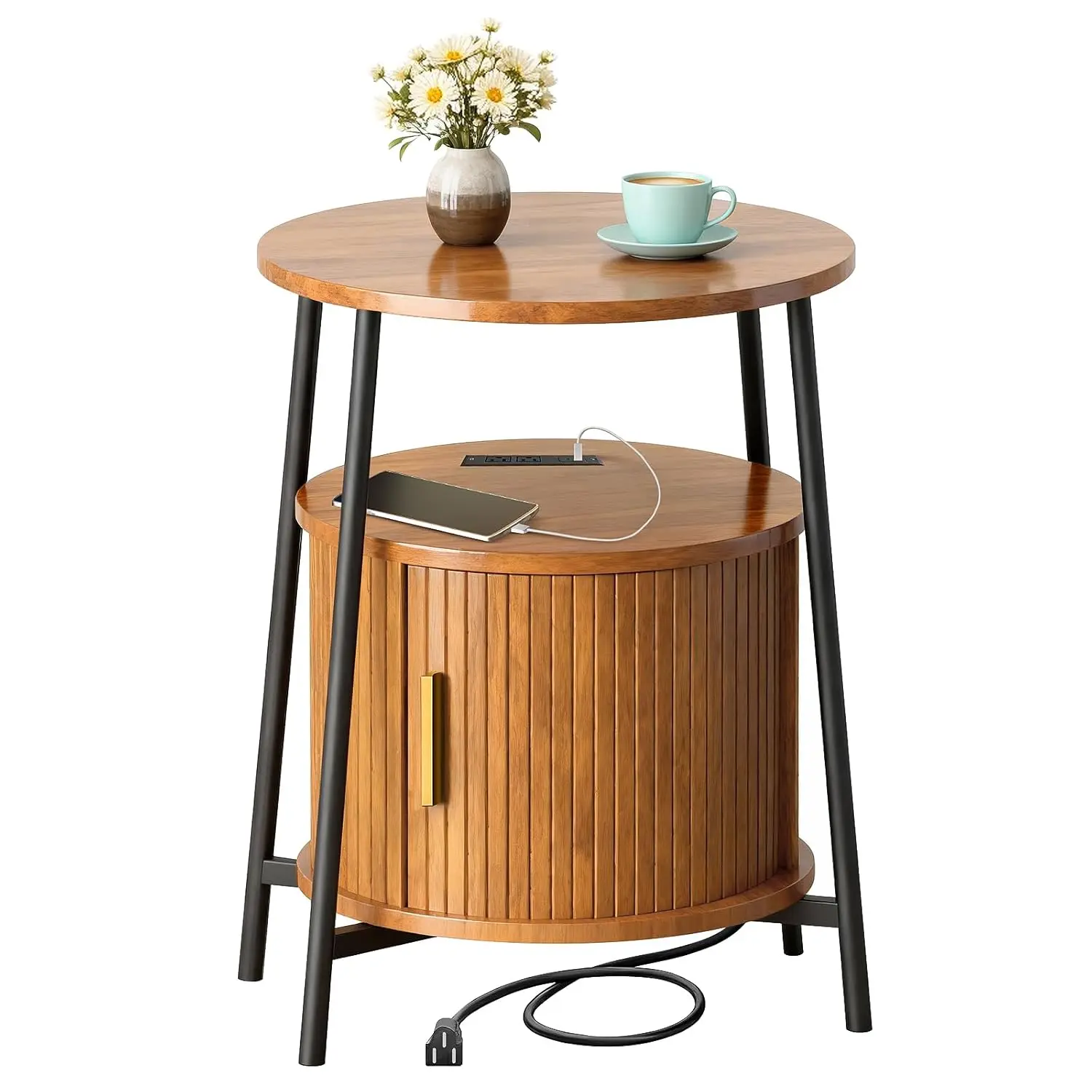 

Round End Table Charging Station Fluted Sliding Door Mid-Century Nightstand Small Space Living Room Bedroom, Customized