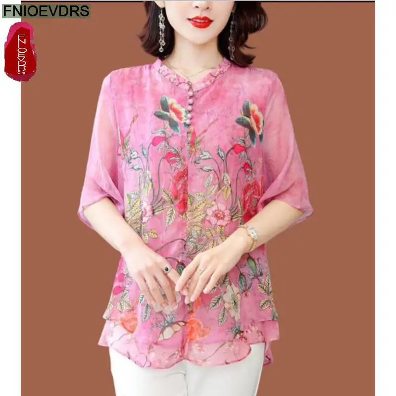 L-5XL Loose Clothes Women 2023 Summer Elegant Office Lady Stand Collar Shirts Casual Retro Vintage Floral Print Pink Top Blouses