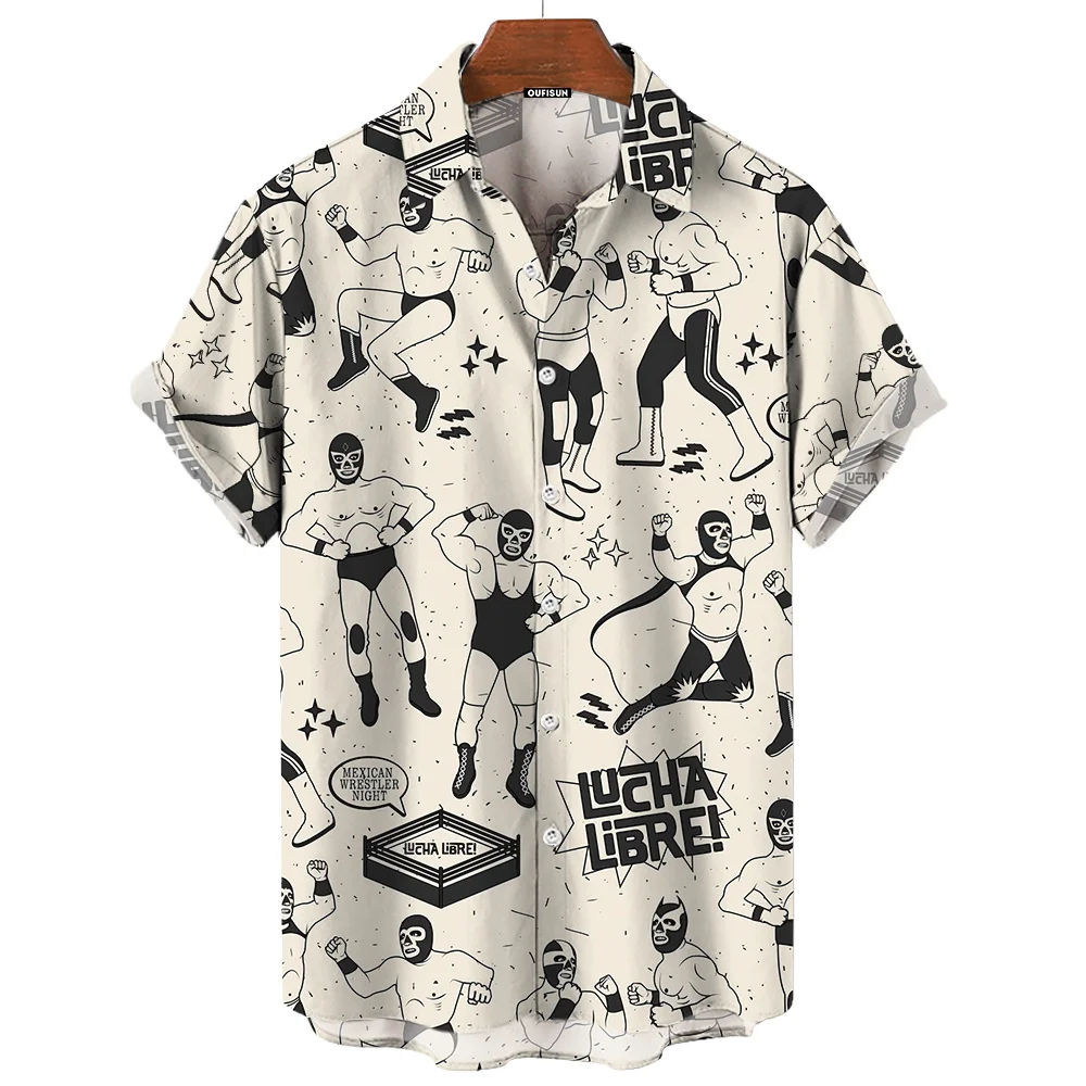 3d Bedrukte Mexicaanse Worstelen Heren Shirts Mode Knoop Korte Mouw Revers Streetwear Hawaiian Blouse Shirts Voor Heren Zomer