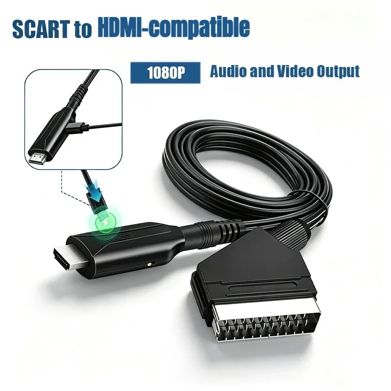 Scart Input Audio‑Video Converter to HDMI‑Compatible Output USB Power Cable for DVD Sky Box STB HDTV