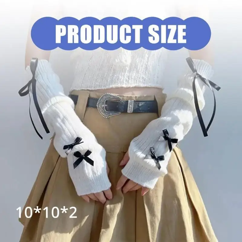 

Soft Knitted 2000s Sweet Arm Warmer with Bowknot Designs for Women Girls Half Finger Mittens Solid Color Arm Sleeves