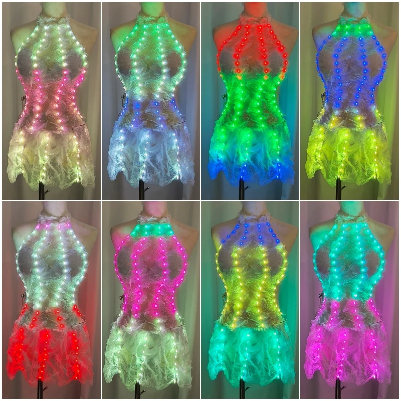 Sparkly LED Feather Lace Halter Dress, Colorful Glowing Dress DJ Bar Nightclub Dance Show Stage Performance Costume