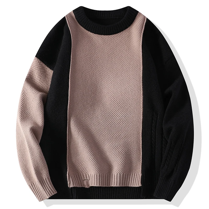 

2023 Fall Winter Korean Fashion Casual Patchwork Round Neck Sweater High End Men Pullovers Men's Simple Warm Sweaters Pull Homme