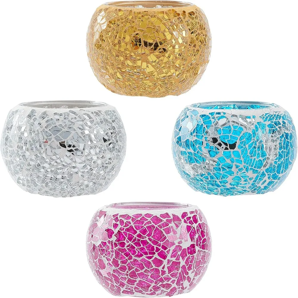 4 PCS/Set Glass Votive Candle Holder Set Mosaic Glass Tealight Candle Holders 4 Colors Cracked Design for Aromatherapy