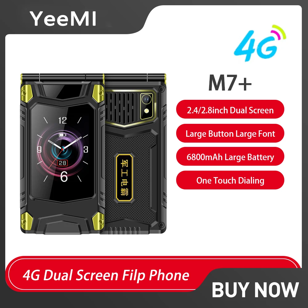 YeeMI M7+ 4G Wytrzymały telefon z dużym przyciskiem Pełnozakresowy telefon z klapką Dual SIM Podwójny ekran 6800mAh Duża bateria Telefon komórkowy dla starego mężczyzny