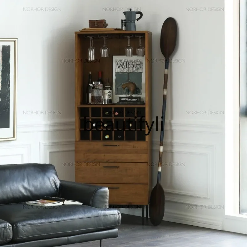 

Nordic Oak Carved Sideboard Living Room Wall-Mounted Storage Wine Cabinet Vintage Mid-Century Solid Wood Side Cabinet