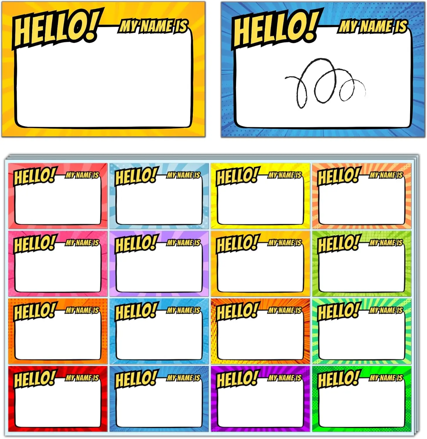 

400 Hello My Name Is Superhero Name Tags Stickers for Kids - 16 Designs, 3x2 Inches