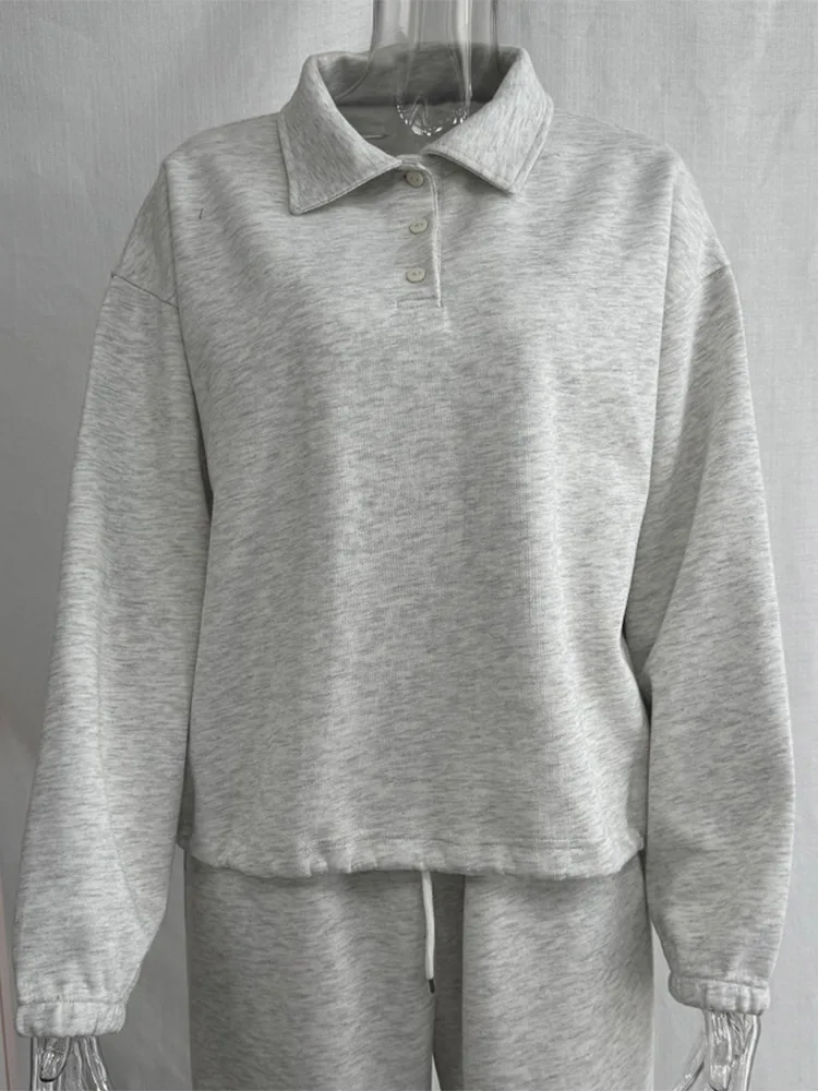 Damen-Hosenanzug 2-teilig Polokragen Langarm-Sweatshirt Pullover Elastische Taille Hose Streetwear Einfarbiger Oversize-Trainingsanzug – Detail 2