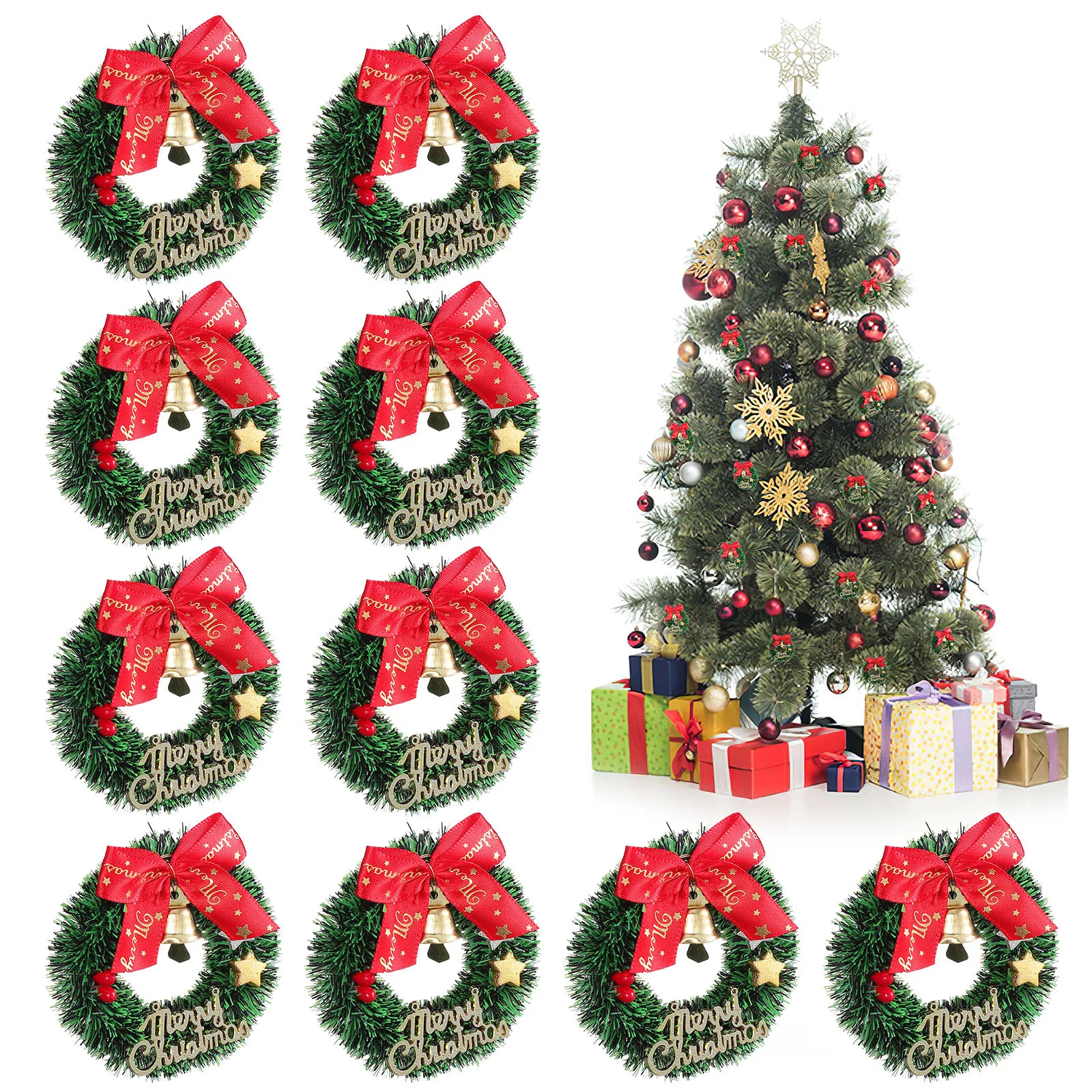 

Mini Christmas Wreaths Set of 10 Bow Decorated Tiny Tree Hangings Garland for Door DIY Ornament Wedding Party Supplies