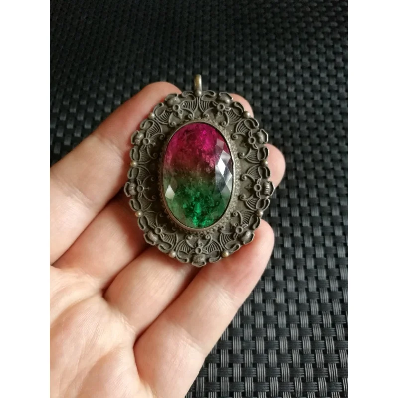 Collection Carved Old Silver Inlaid Two-Color Tourmaline Colorful NecklacePendant