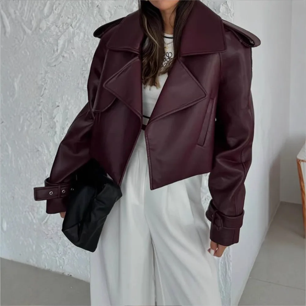 

ort Свободное мотоциклетное пальто Long Sve Pure Color, универсальное 2024, трансграничное пальто из искусственной кожи для женщин