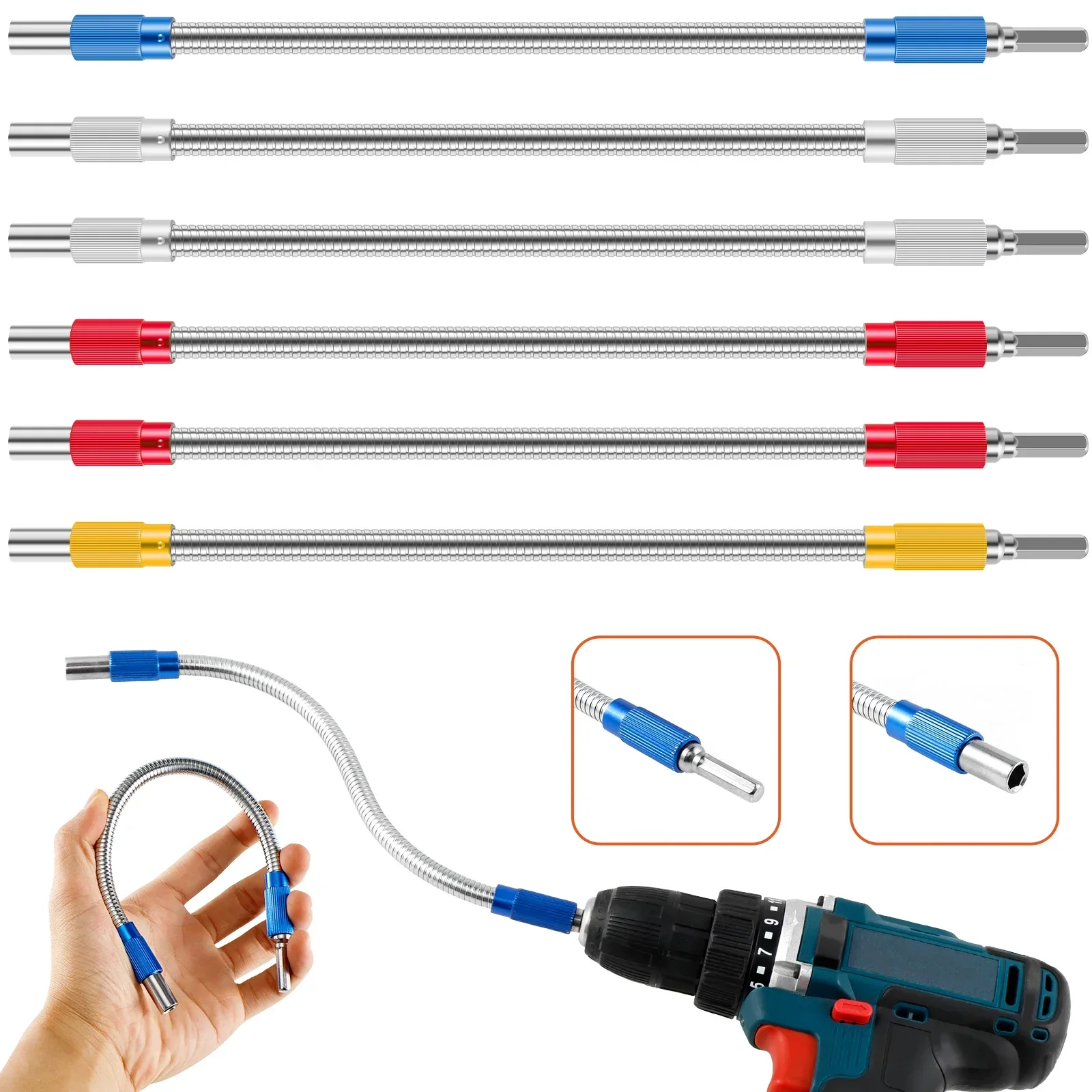 6Pcs Flexible Drill Bit Extension Metal Soft Shaft Extension Bit Holder Soft Shaft Screwdriver Hex Shank Bit Extender Holder