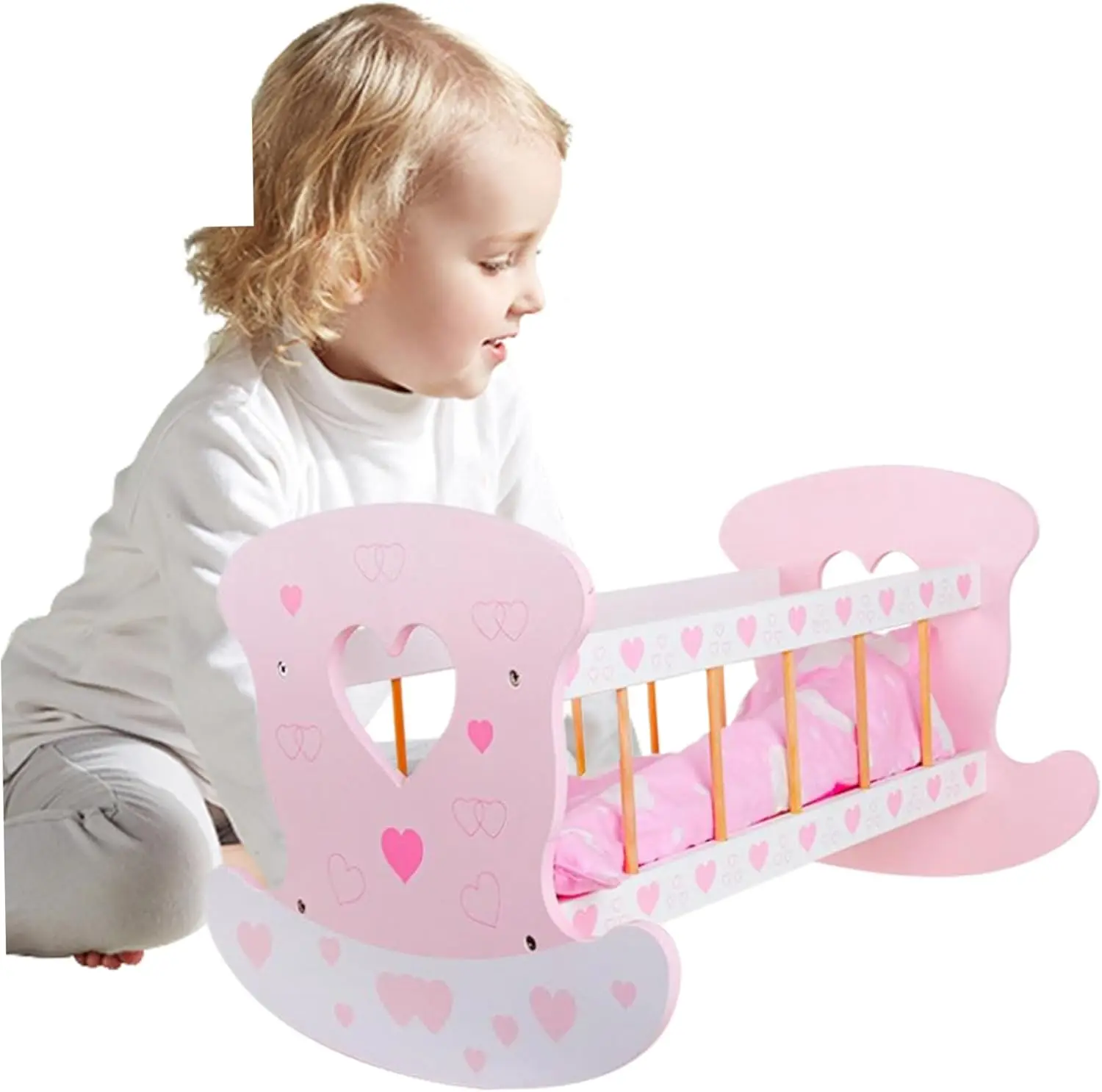 Baby Doll Crib for 18 Inch Dolls, Wooden Baby Doll Bed with Pad, Blanket and Pillow, Cute Rocking Baby Crib Toy