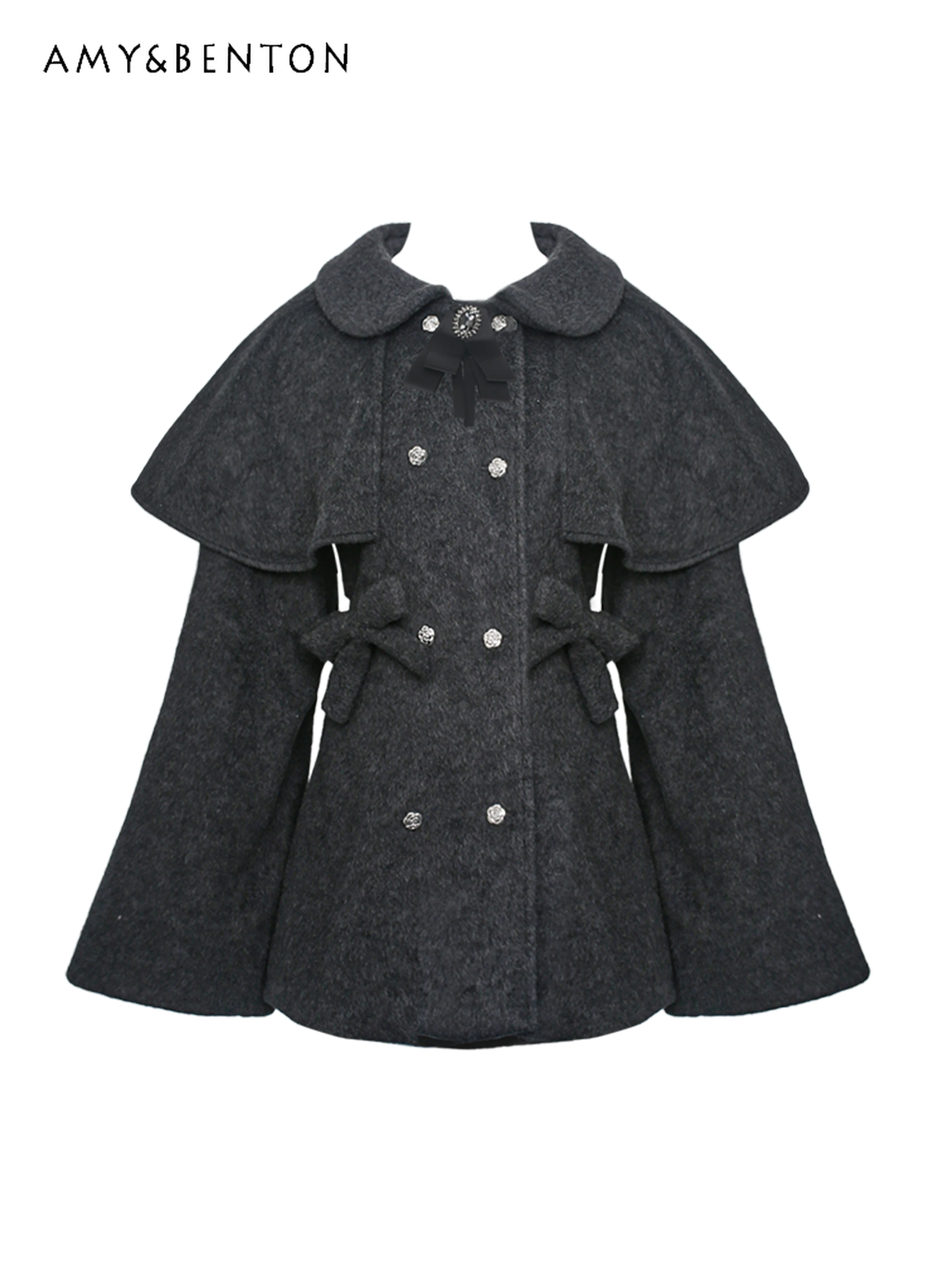 Elegant Temperament Princess Cape Wool Coat Women Autumn Winter New Sweet Cute Bow Lapel Double-breasted Slim Black Woolen Coat