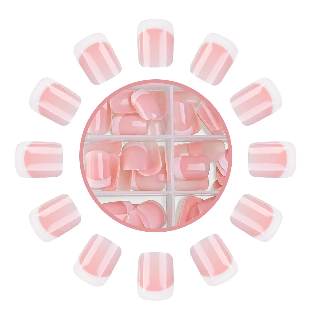 120Pcs Pink White French Short Square False Nails Soft Gel Glossy Acrylic Press On Nails Full Cover Women Extension Fake Nails#